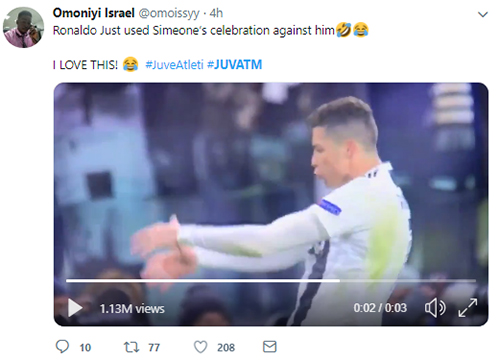 Pha ăn mừng chọc tức Simeone của Ronaldo liên tục được chia sẻ trên Internet. Ảnh chụp màn hình