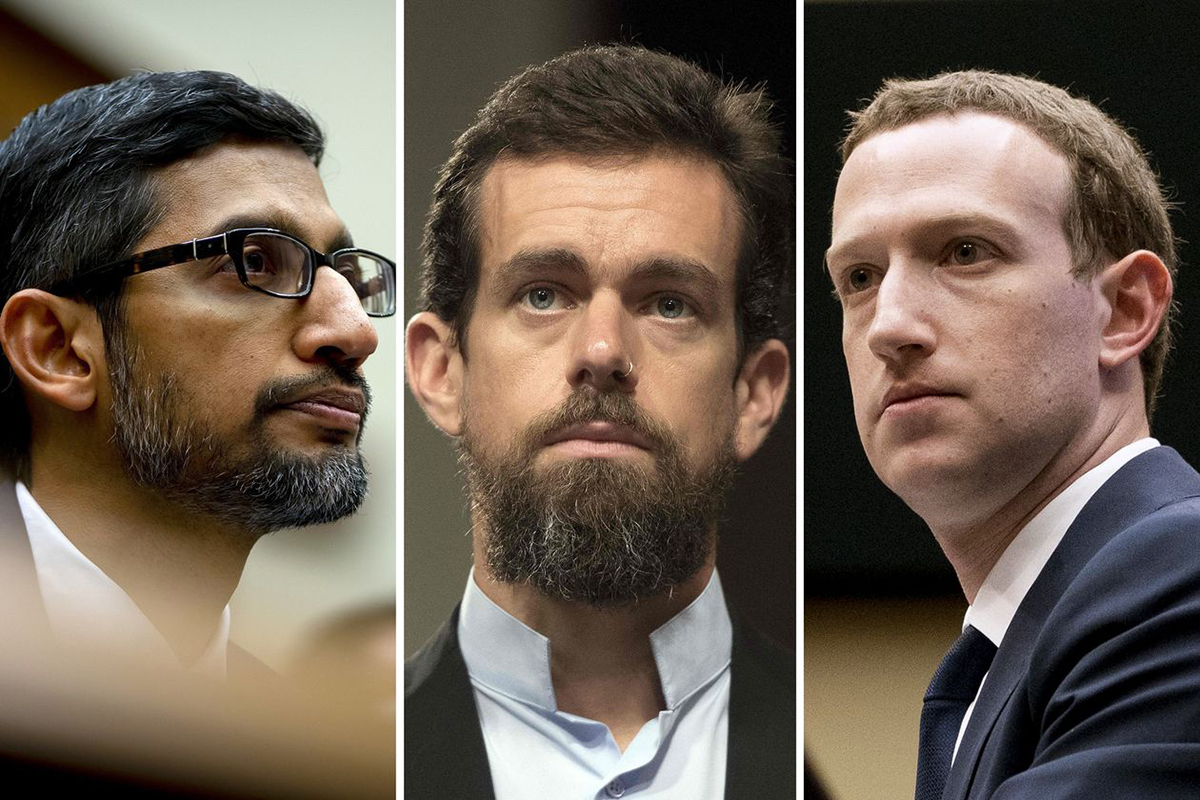 Từ trái sang: CEO Alphabet Sundar Pichai, CEO Twitter Jack Dorsey và CEO Facebook Mark Zuckerberg. Ảnh: Reuters.